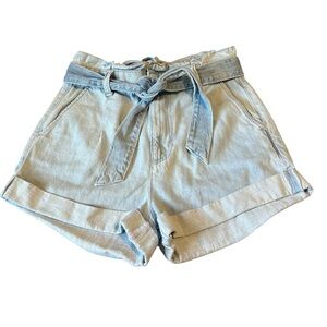 EXPRESS SHORTIE LIGHT WASH EXTREME HIGH RISE DENIM SHORTS- SIZE 6